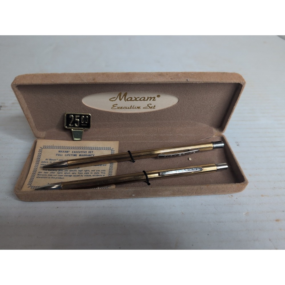 Vintage Maxam Gold Tone Executive Pen Pencil Set W Velvet Box